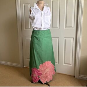 FARM Rio Green Maxi Skirt with Pink Floral Design | Large | NWT